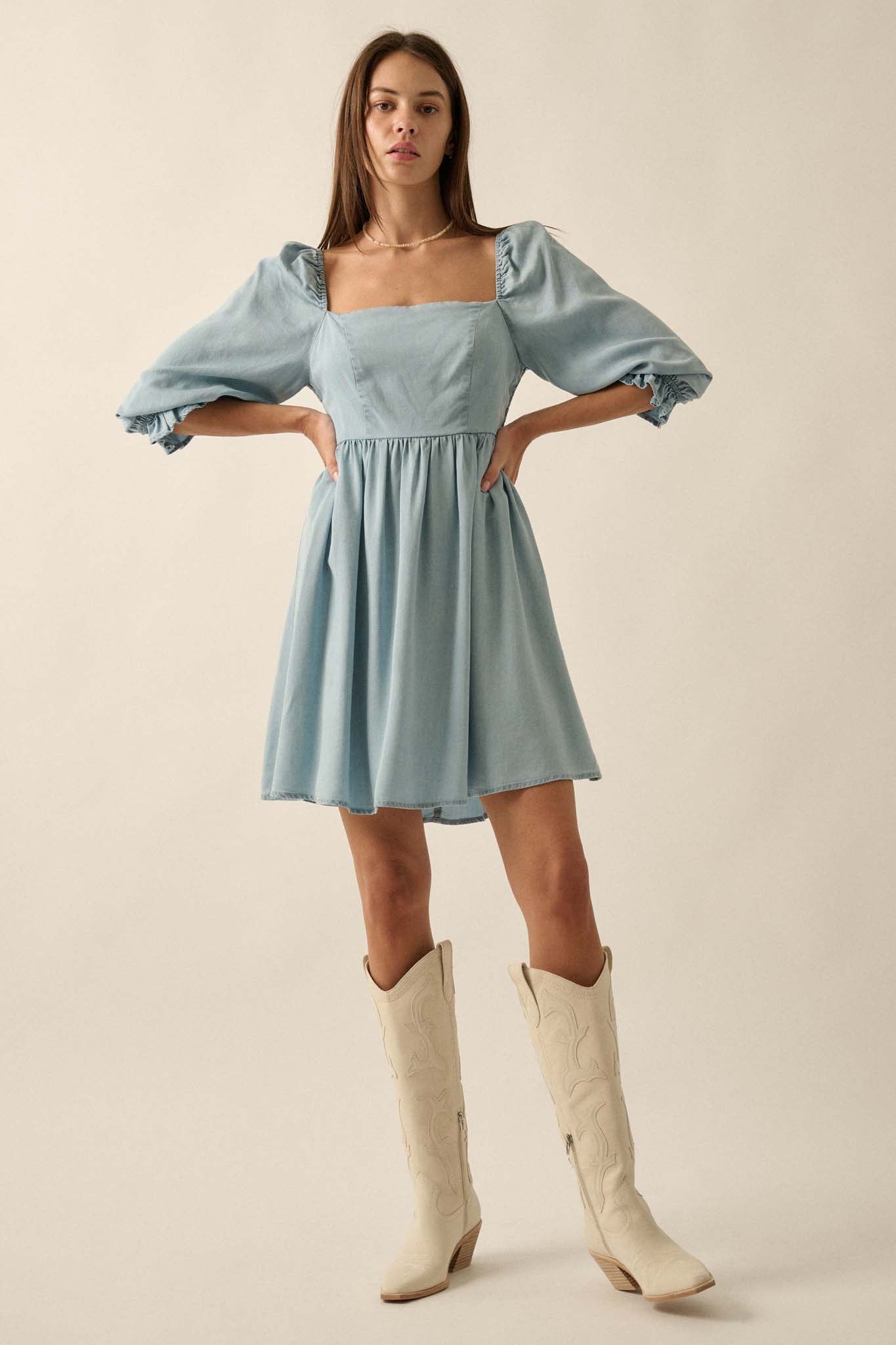 Blue Moon Puff-Sleeve Babydoll Mini Dress - ShopPromesa