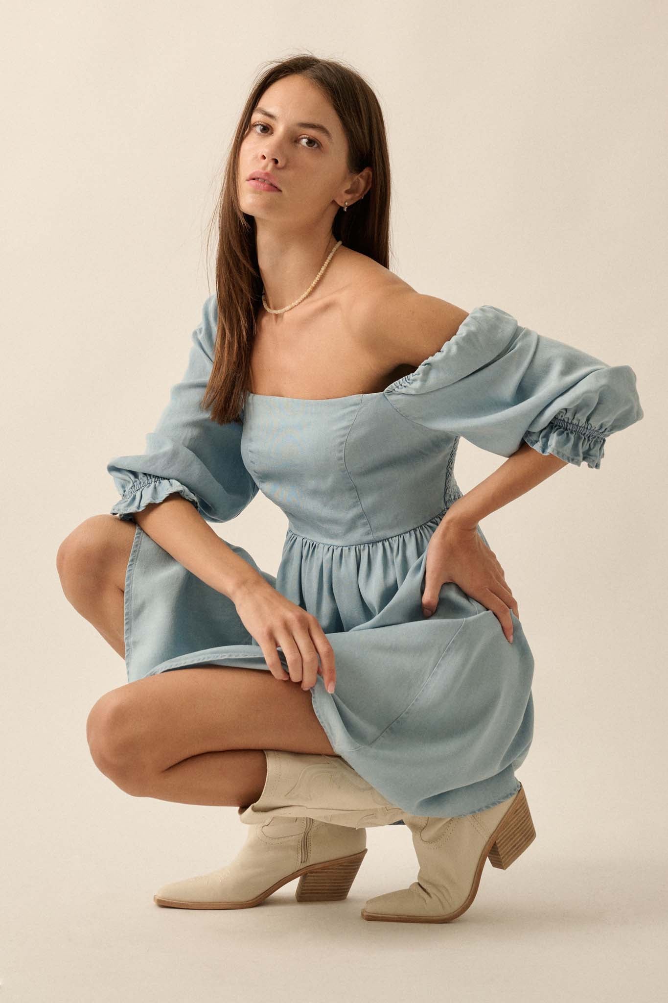 Blue Moon Puff-Sleeve Babydoll Mini Dress - ShopPromesa