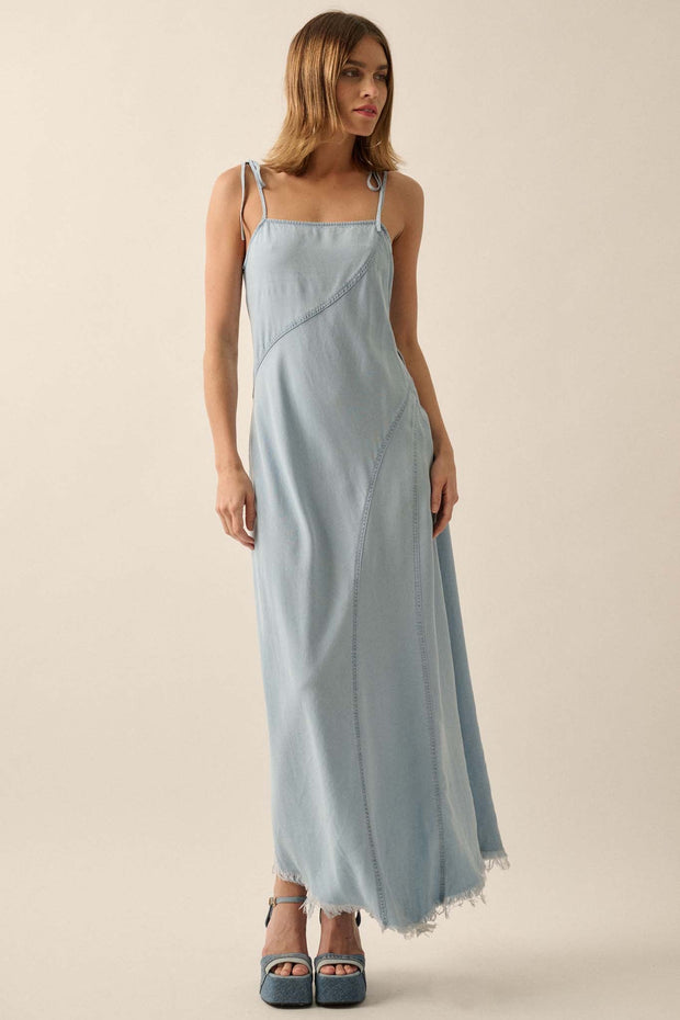 Blue Crush Frayed-Hem Denim Maxi Dress - ShopPromesa
