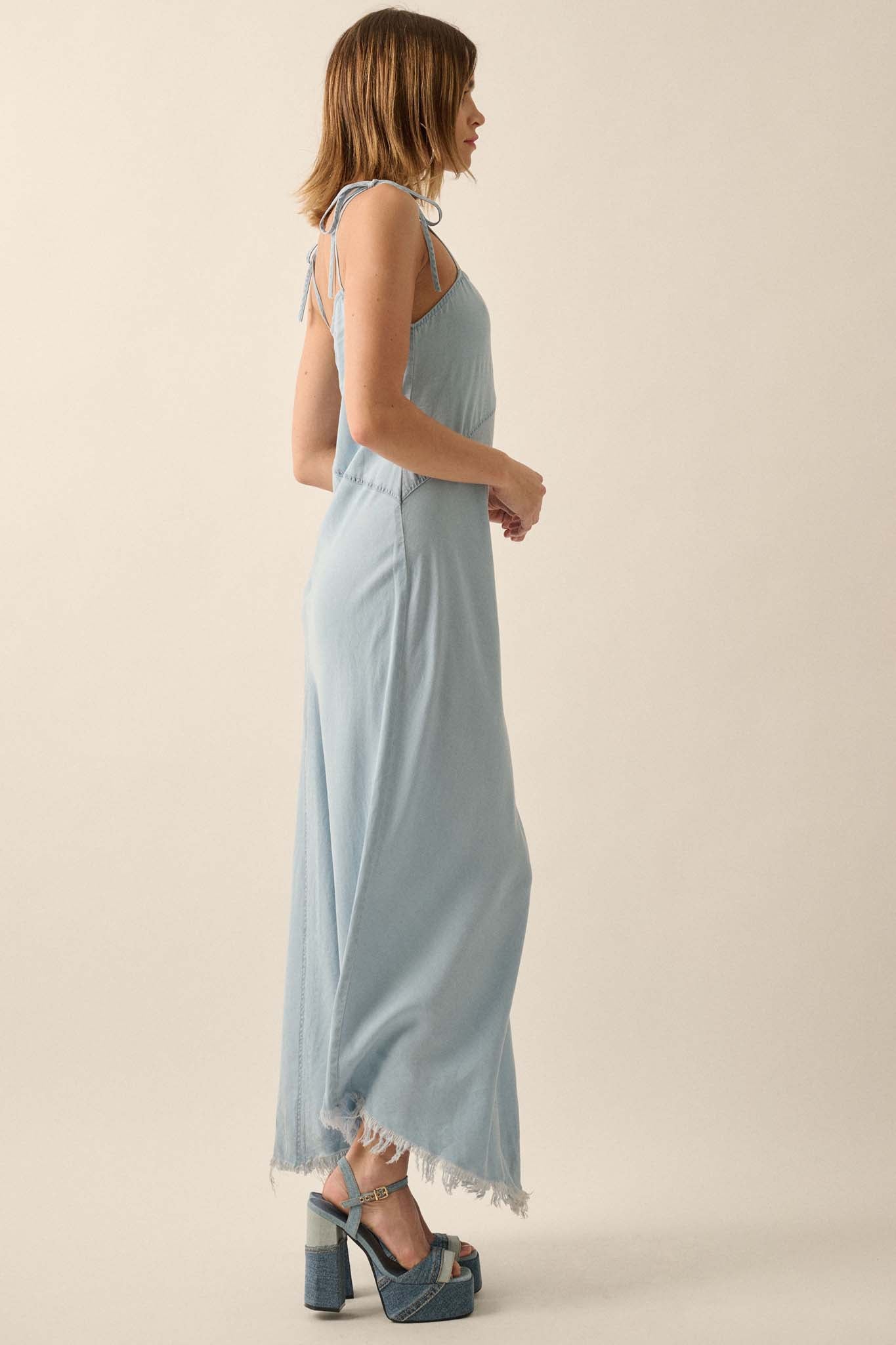 Blue Crush Frayed-Hem Denim Maxi Dress - ShopPromesa