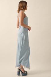 Blue Crush Frayed-Hem Denim Maxi Dress - ShopPromesa