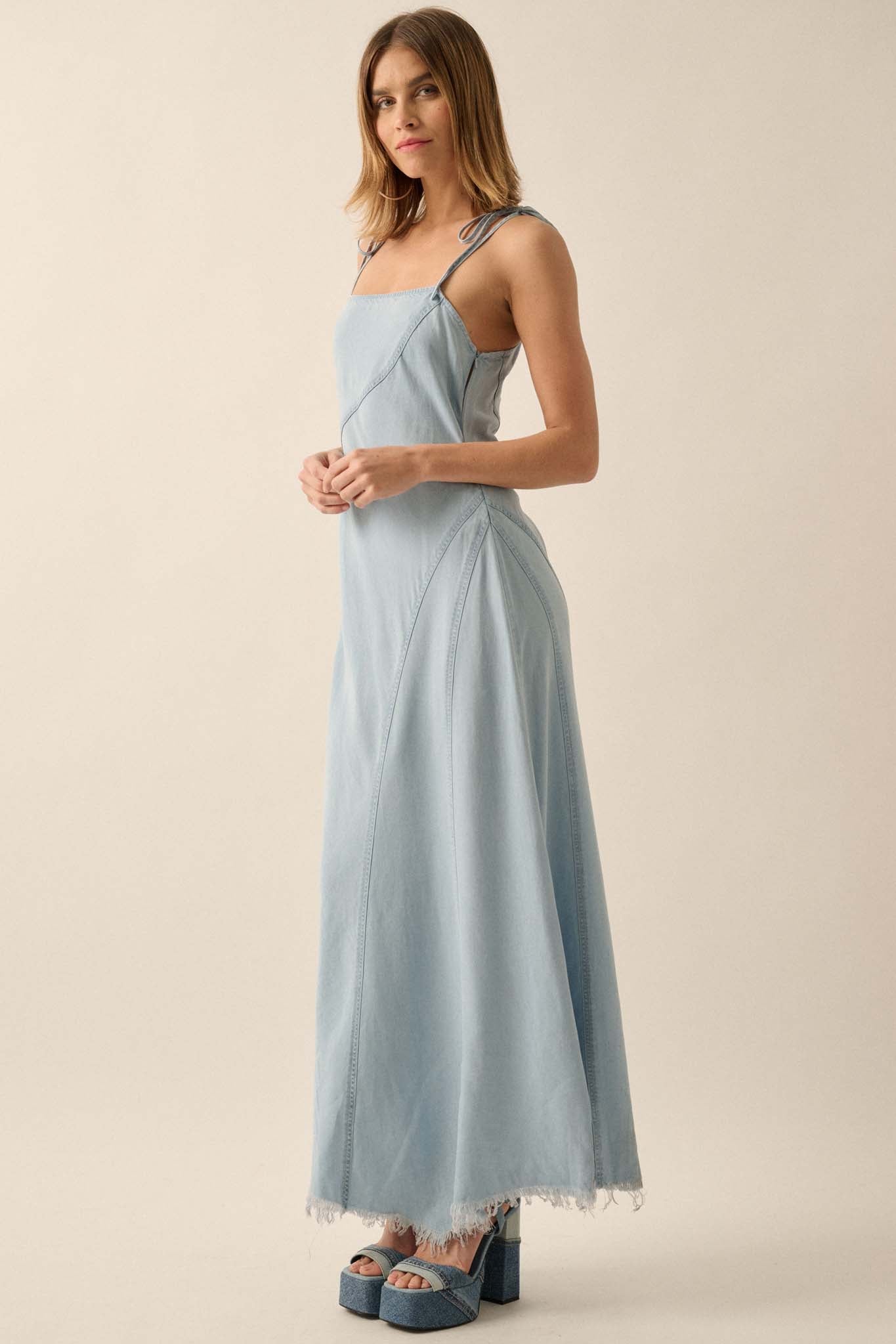 Blue Crush Frayed-Hem Denim Maxi Dress - ShopPromesa