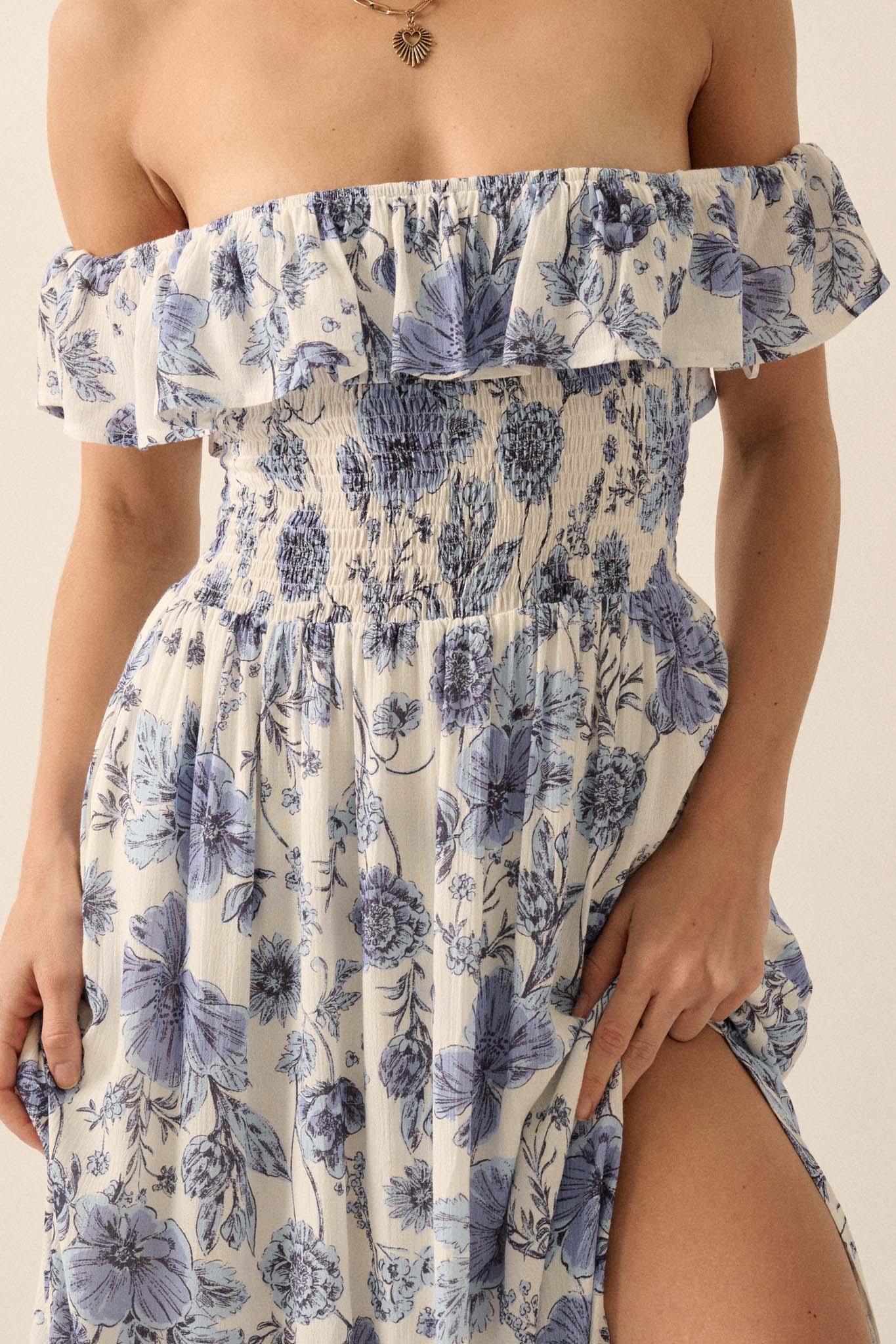 Cornflower Sky Floral Off-Shoulder Maxi Dress - ShopPromesa