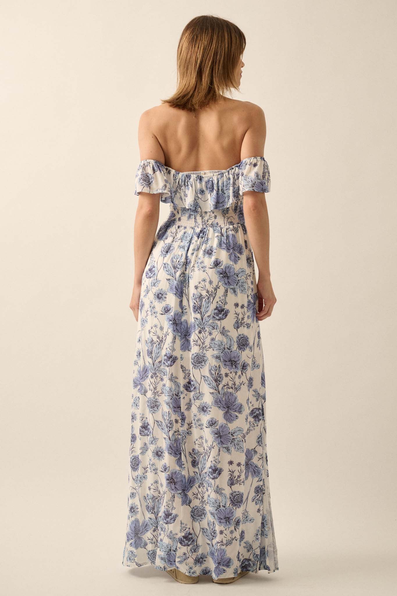 Cornflower Sky Floral Off-Shoulder Maxi Dress - ShopPromesa