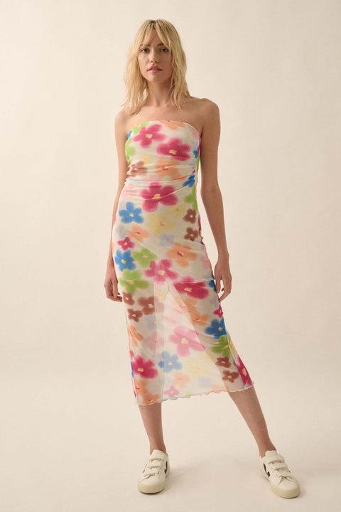 Flower Power Floral Mesh Strapless Midi Dress - ShopPromesa