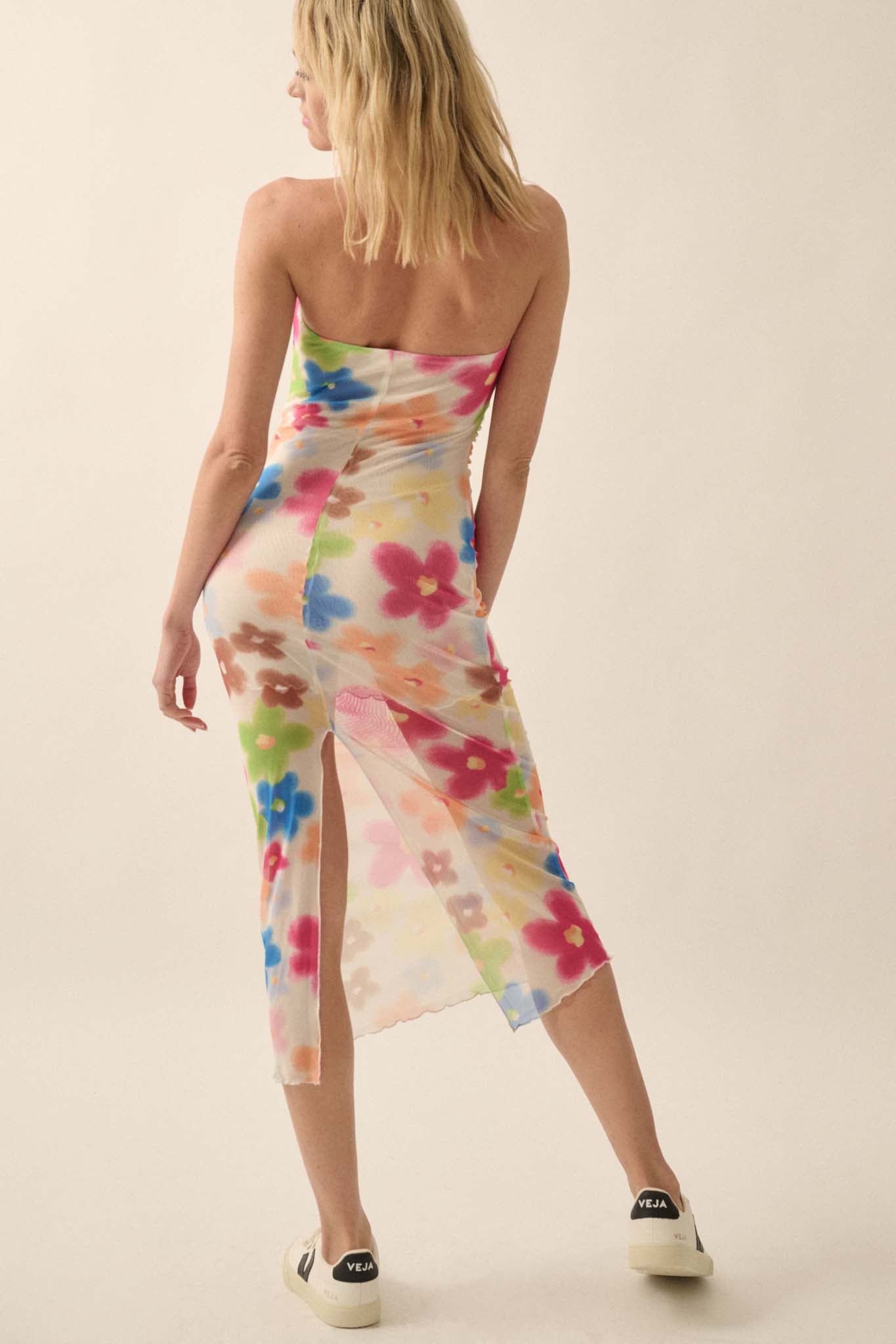 Flower Power Floral Mesh Strapless Midi Dress - ShopPromesa