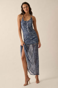 Here We Indigo Denim-Print Mesh Halter Maxi Dress - ShopPromesa