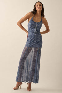 Here We Indigo Denim-Print Mesh Halter Maxi Dress - ShopPromesa