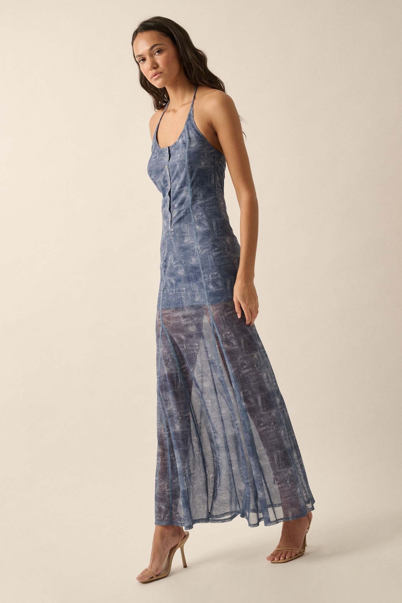 Here We Indigo Denim-Print Mesh Halter Maxi Dress - ShopPromesa