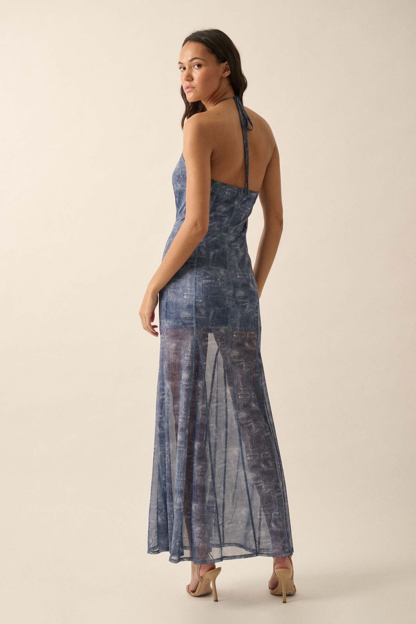 Here We Indigo Denim-Print Mesh Halter Maxi Dress - ShopPromesa