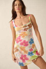 Flower Fever Floral Mesh Cowl-Neck Mini Dress - ShopPromesa