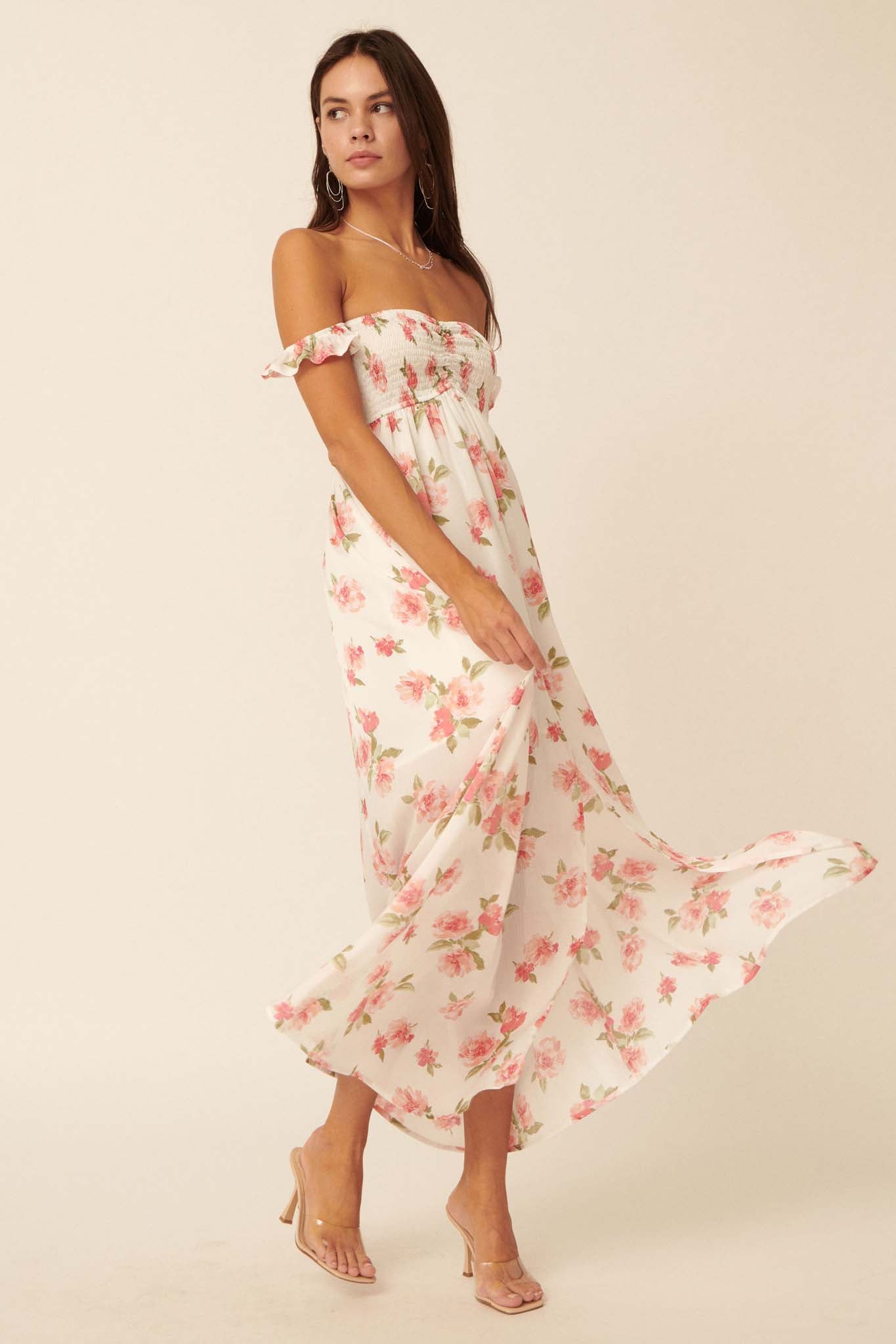 Roses in Bloom Off-Shoulder Floral Maxi Dress - ShopPromesa