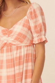 Shine On Plaid Puff-Sleeve Babydoll Mini Dress - ShopPromesa