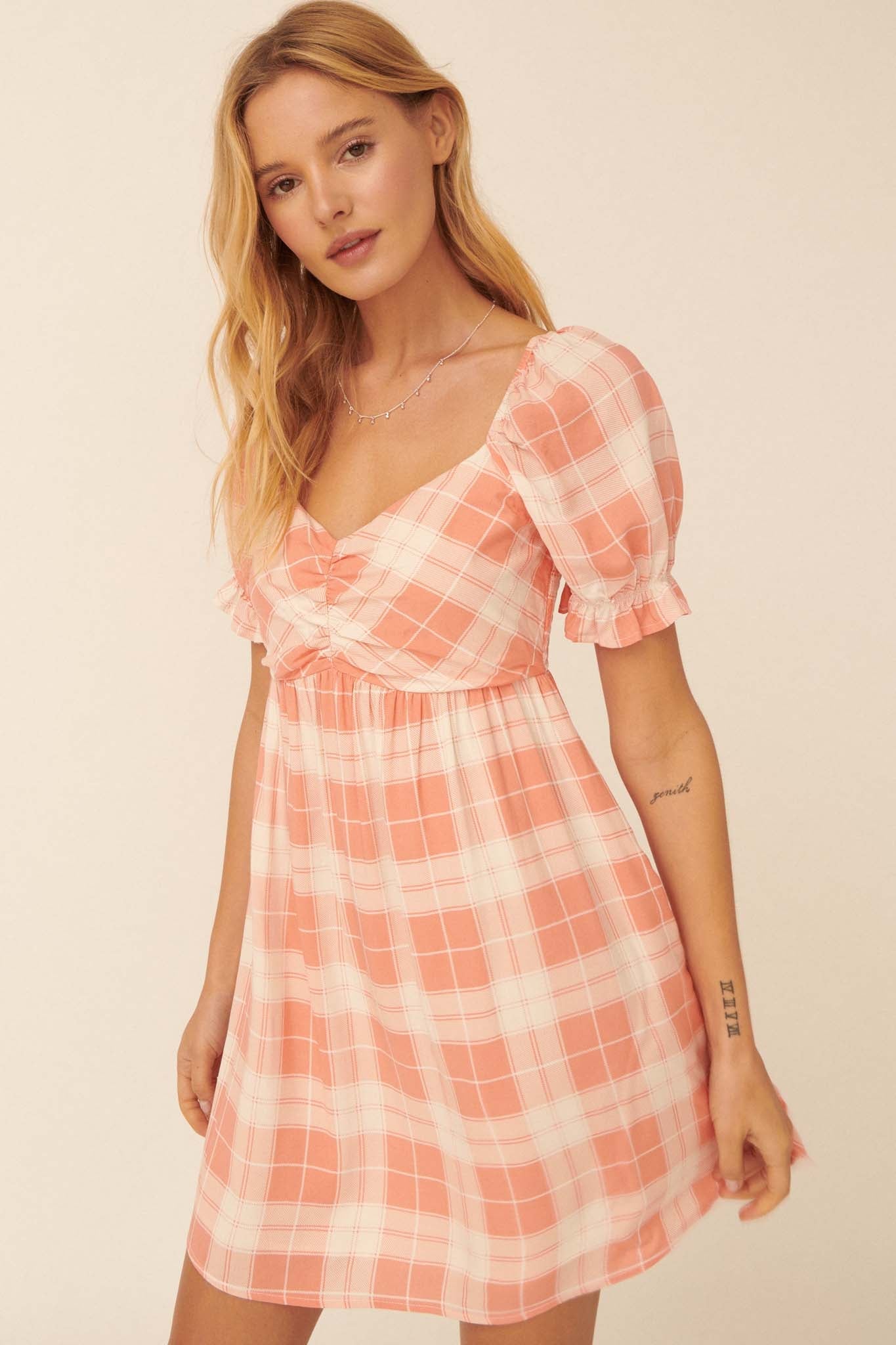 Shine On Plaid Puff-Sleeve Babydoll Mini Dress - ShopPromesa