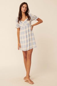 Shine On Plaid Puff-Sleeve Babydoll Mini Dress - ShopPromesa