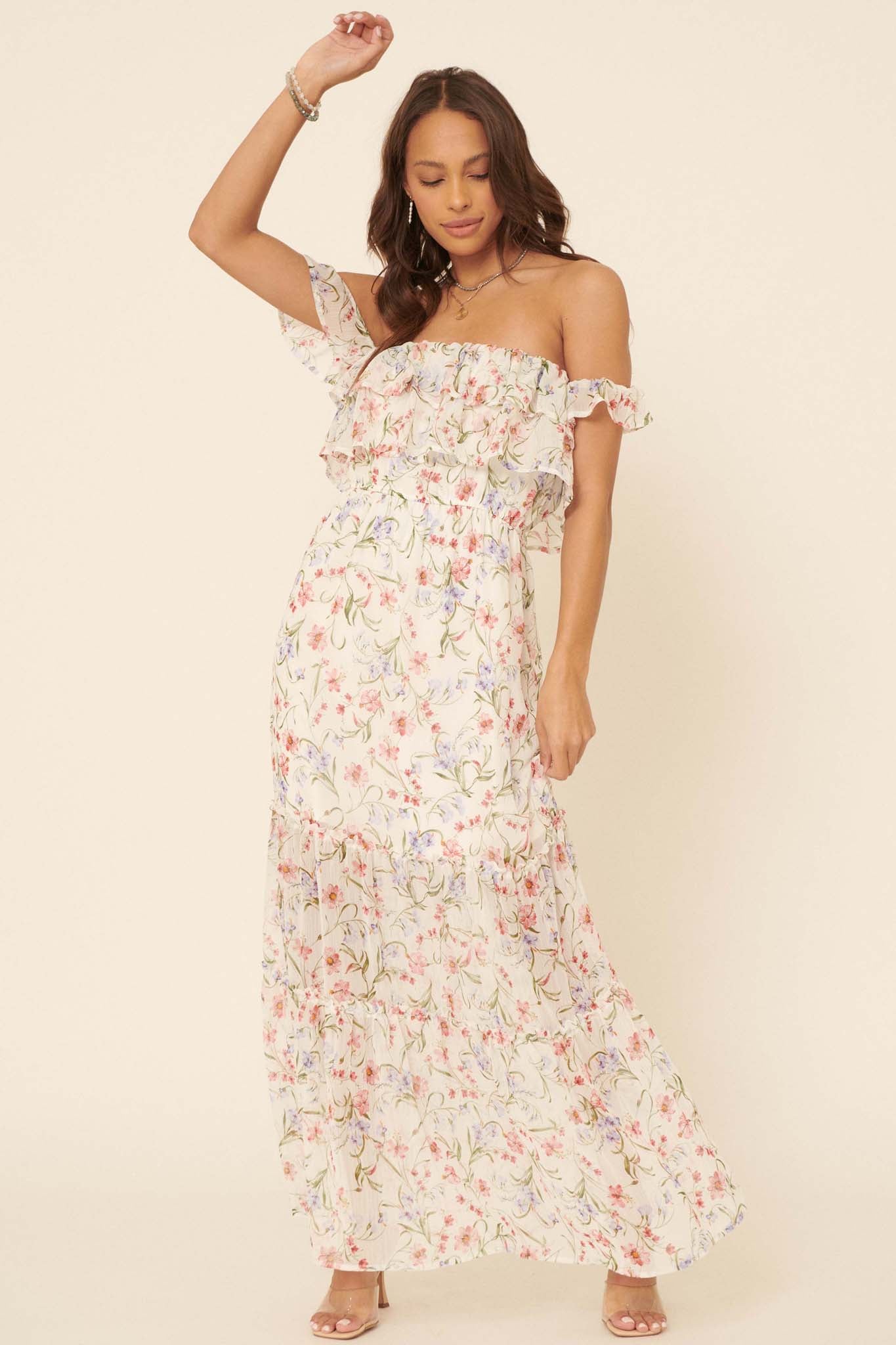 My Always Ruffled Off-Shoulder Floral Maxi Dress - ShopPromesa