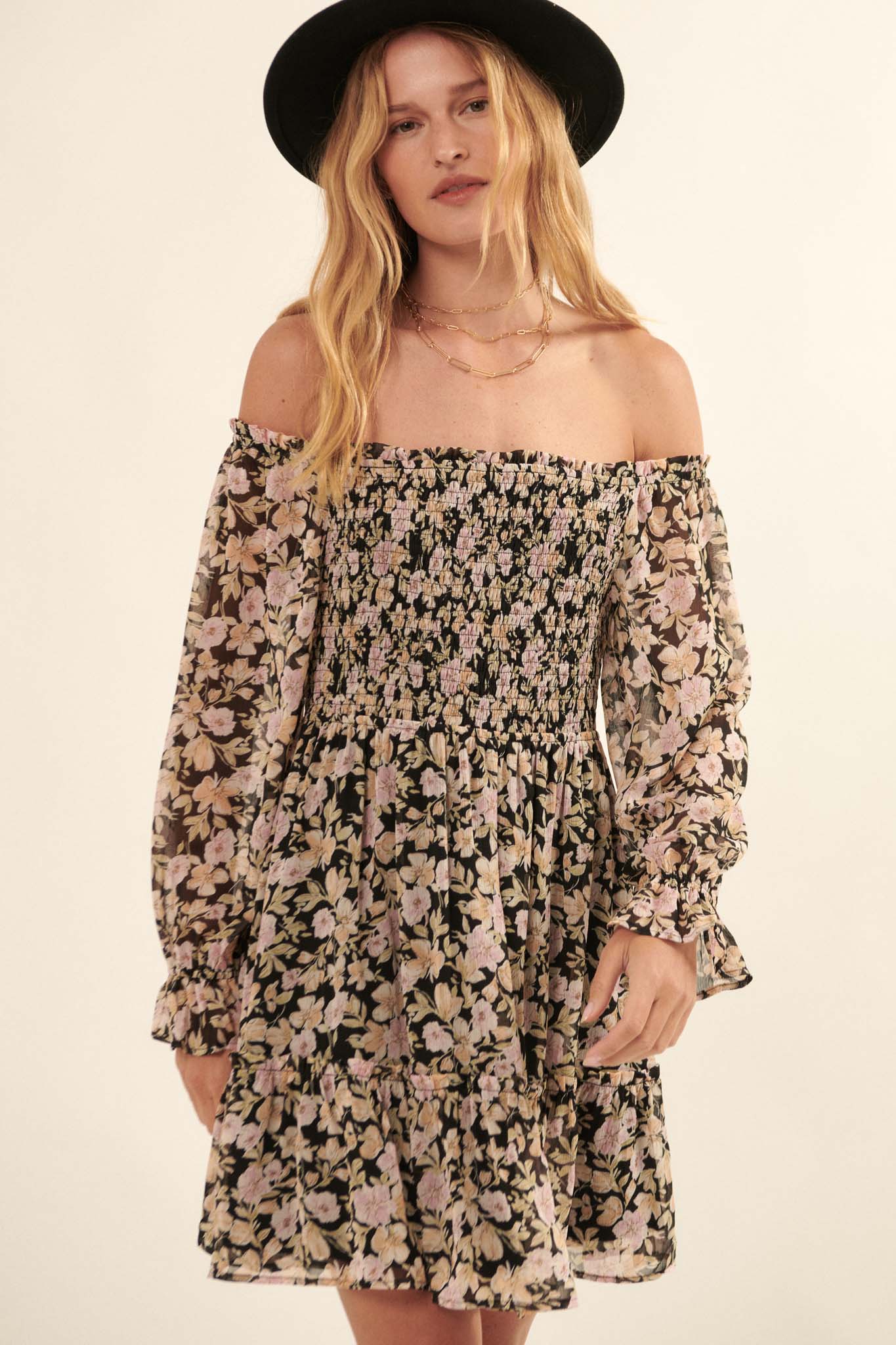 Floral Flourish Chiffon Off-Shoulder Mini Dress - ShopPromesa