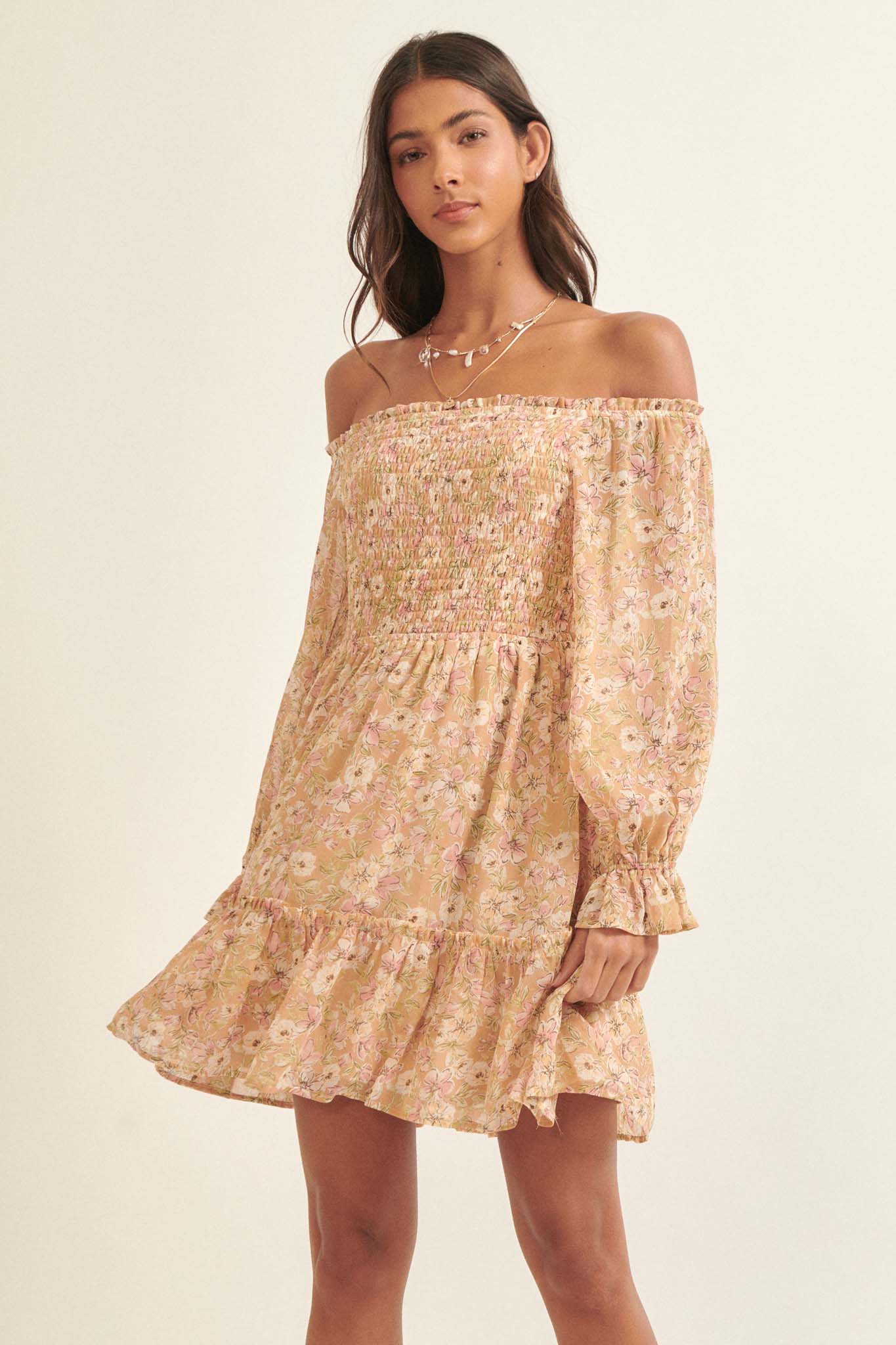 Floral Flourish Chiffon Off-Shoulder Mini Dress - ShopPromesa