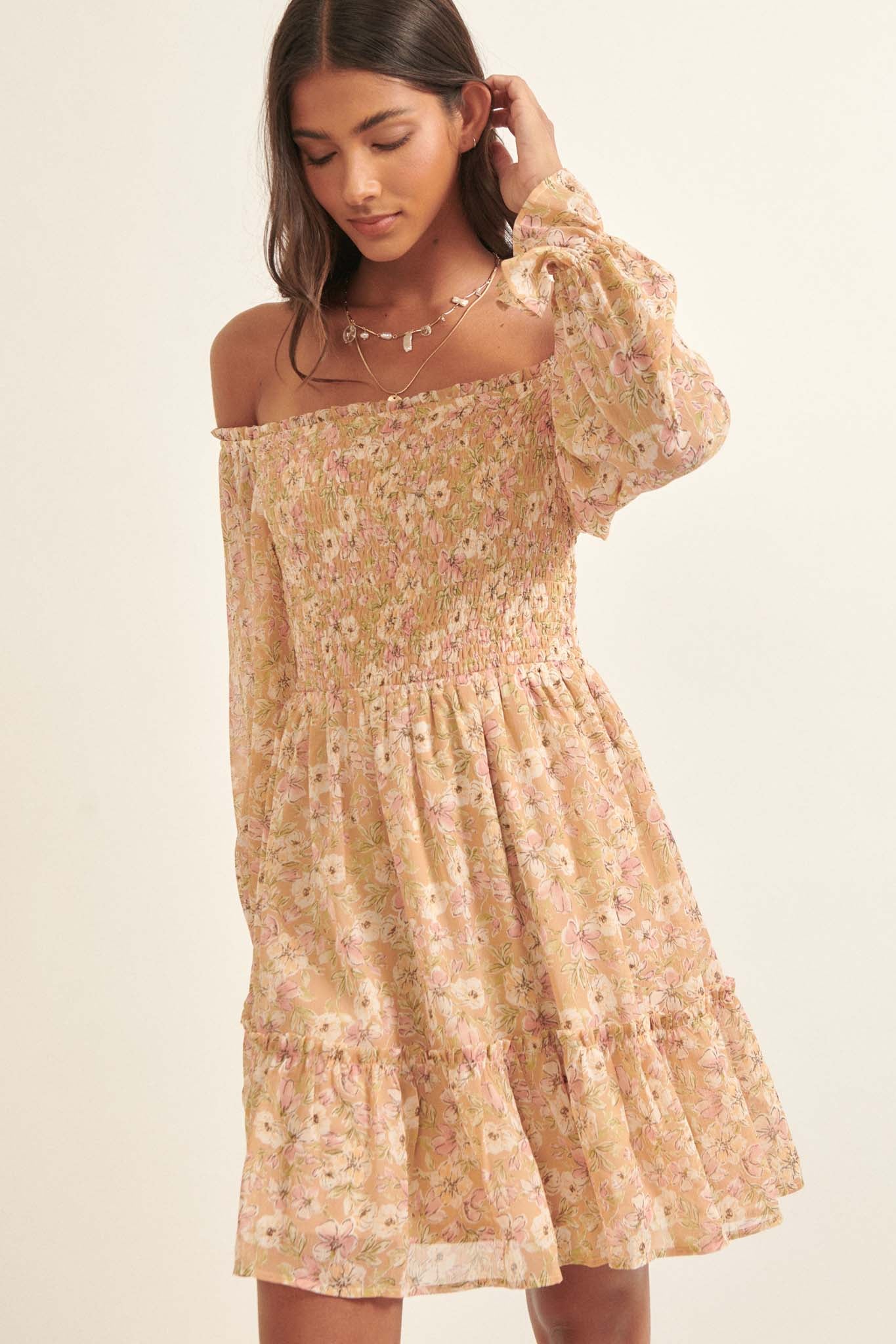 Floral Flourish Chiffon Off-Shoulder Mini Dress - ShopPromesa