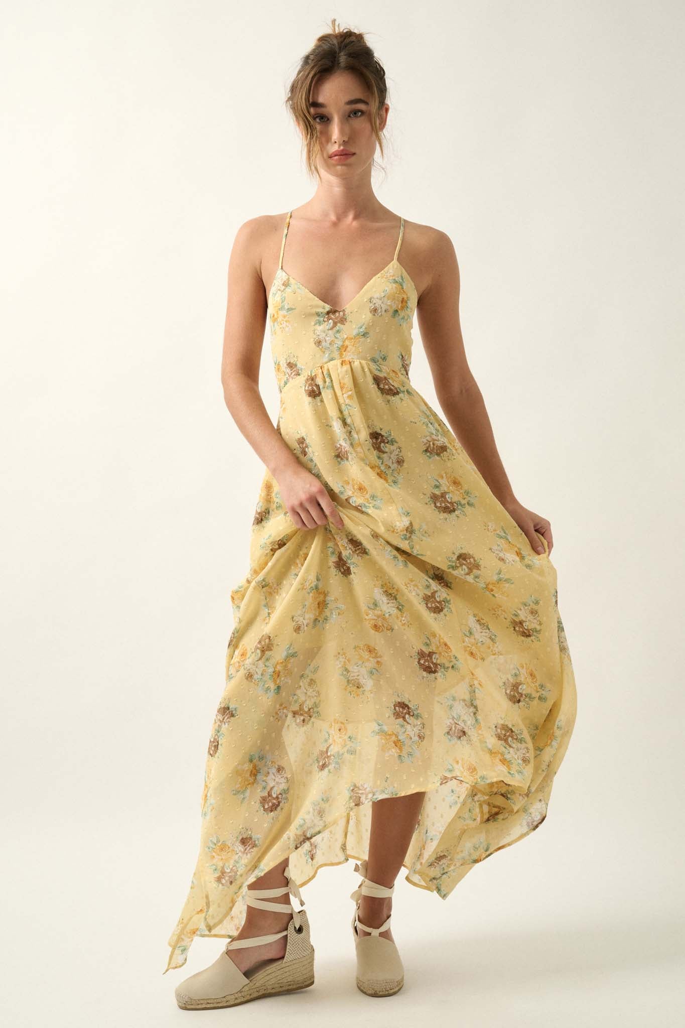 Fresh Roses Floral Swiss Dot Chiffon Maxi Dress - ShopPromesa