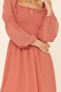 Sweet Fantasy Smocked Swiss Dot Peasant Dress - ShopPromesa