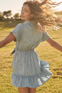 Road Trip Ruffled Acid-Wash Denim Shirt Dress - ShopPromesa