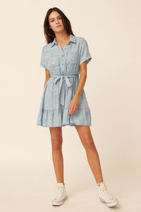 Road Trip Ruffled Acid-Wash Denim Shirt Dress - ShopPromesa