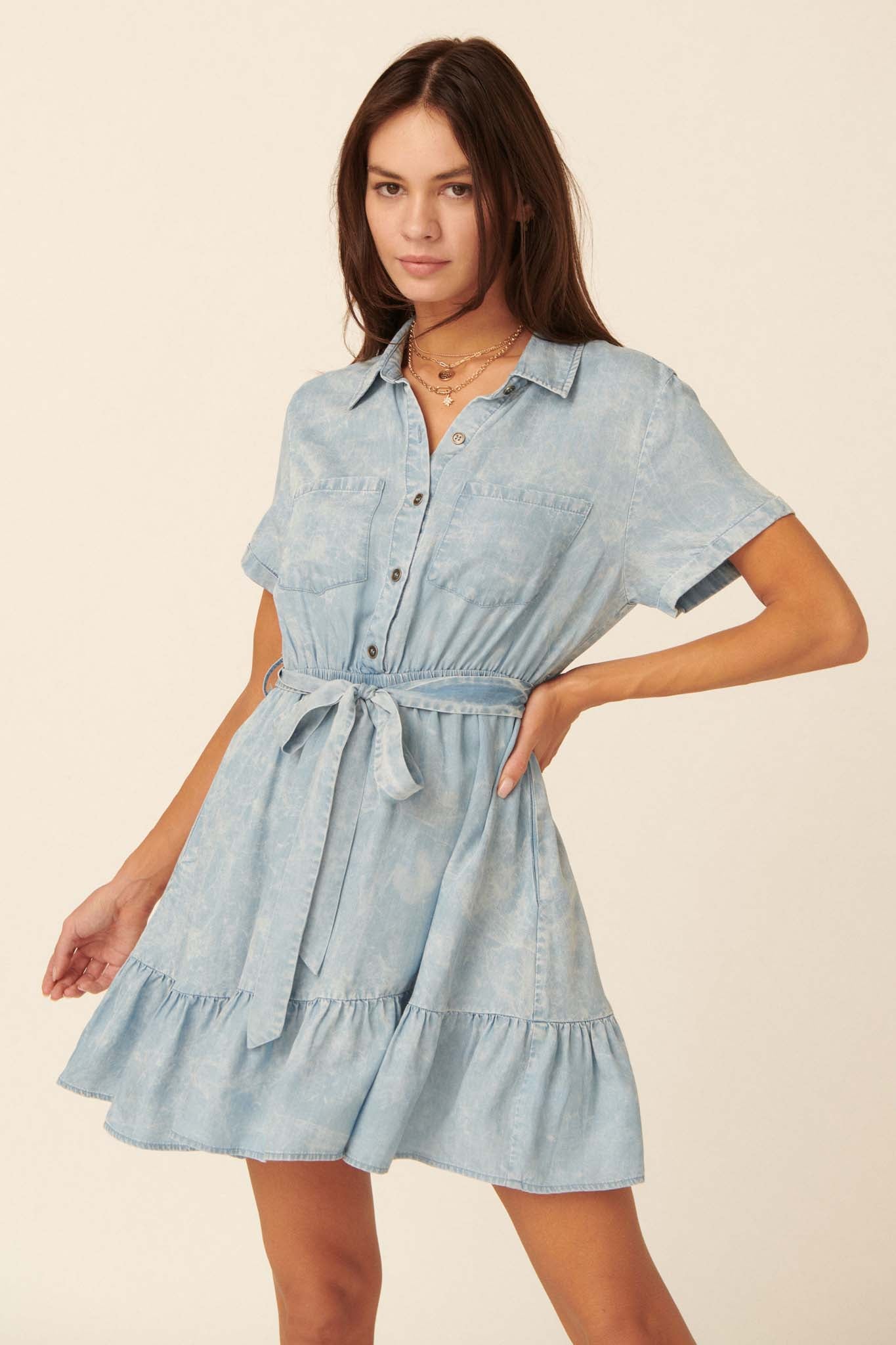 Road Trip Ruffled Acid-Wash Denim Shirt Dress - ShopPromesa