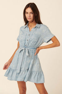 Road Trip Ruffled Acid-Wash Denim Shirt Dress - ShopPromesa