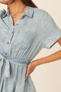 Road Trip Ruffled Acid-Wash Denim Shirt Dress - ShopPromesa