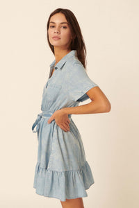 Road Trip Ruffled Acid-Wash Denim Shirt Dress - ShopPromesa