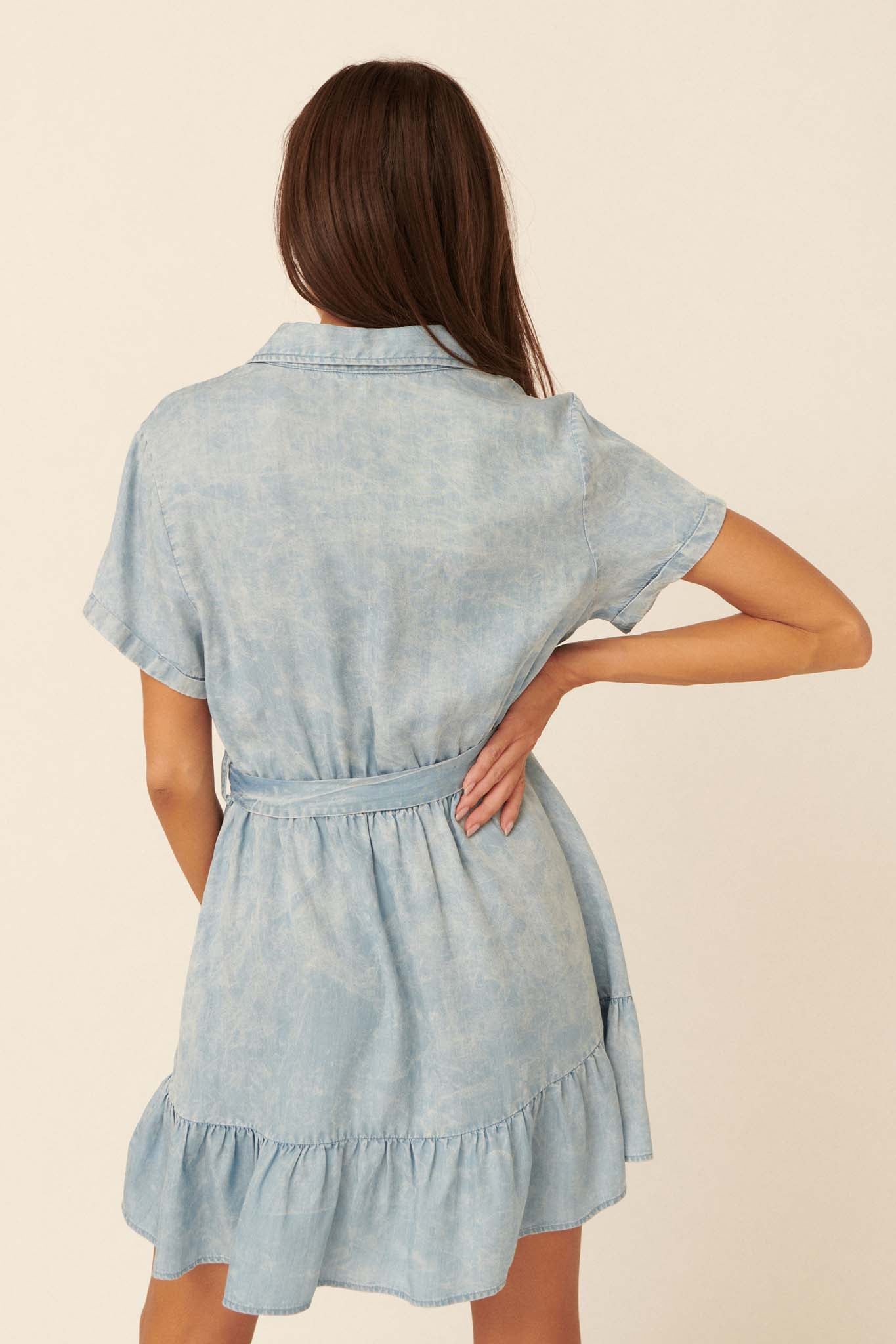 Road Trip Ruffled Acid-Wash Denim Shirt Dress - ShopPromesa