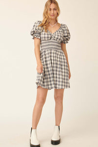 Sweet Sashay Plaid Puff-Sleeve Mini Dress - ShopPromesa