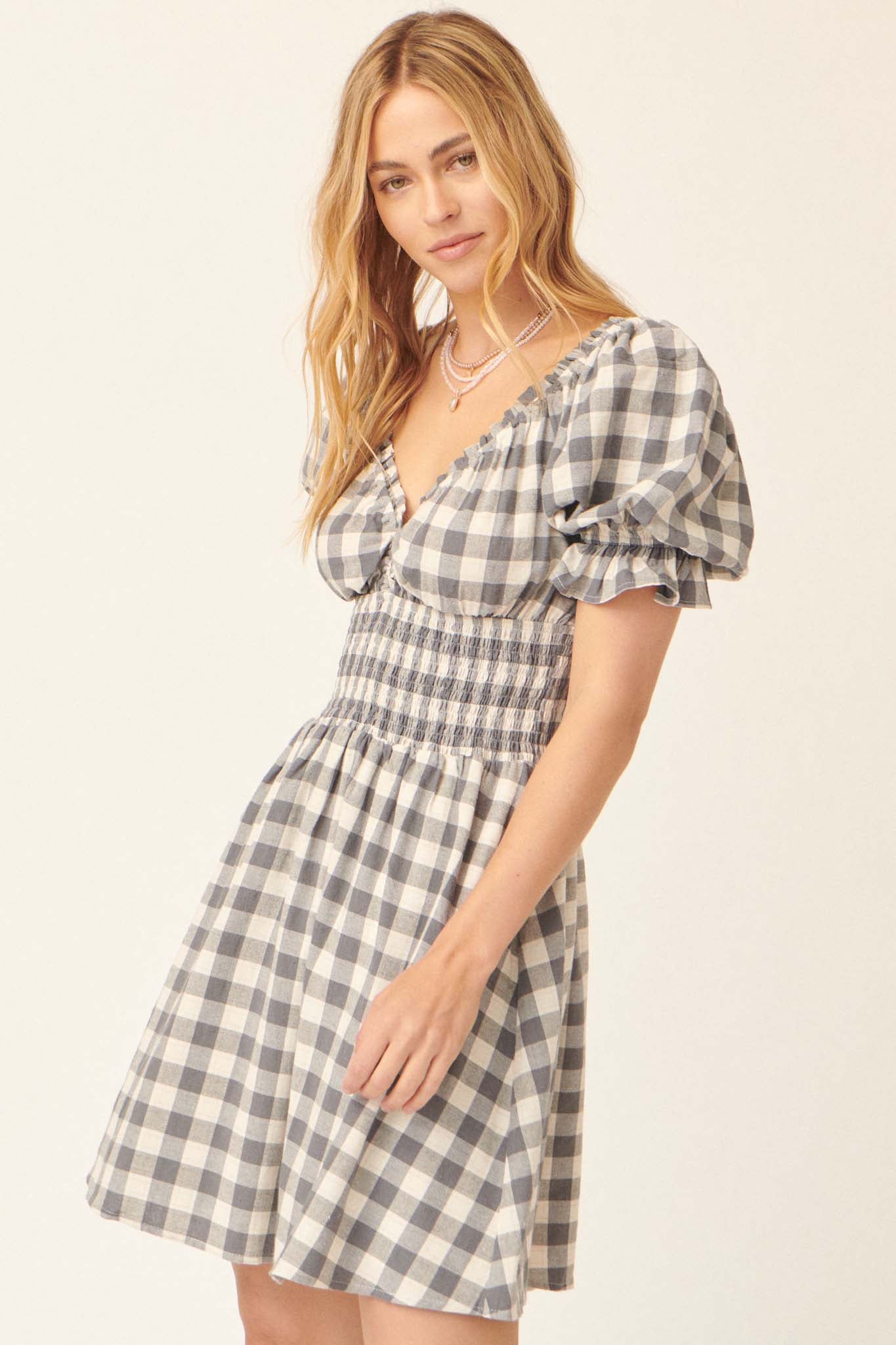 Sweet Sashay Plaid Puff-Sleeve Mini Dress - ShopPromesa