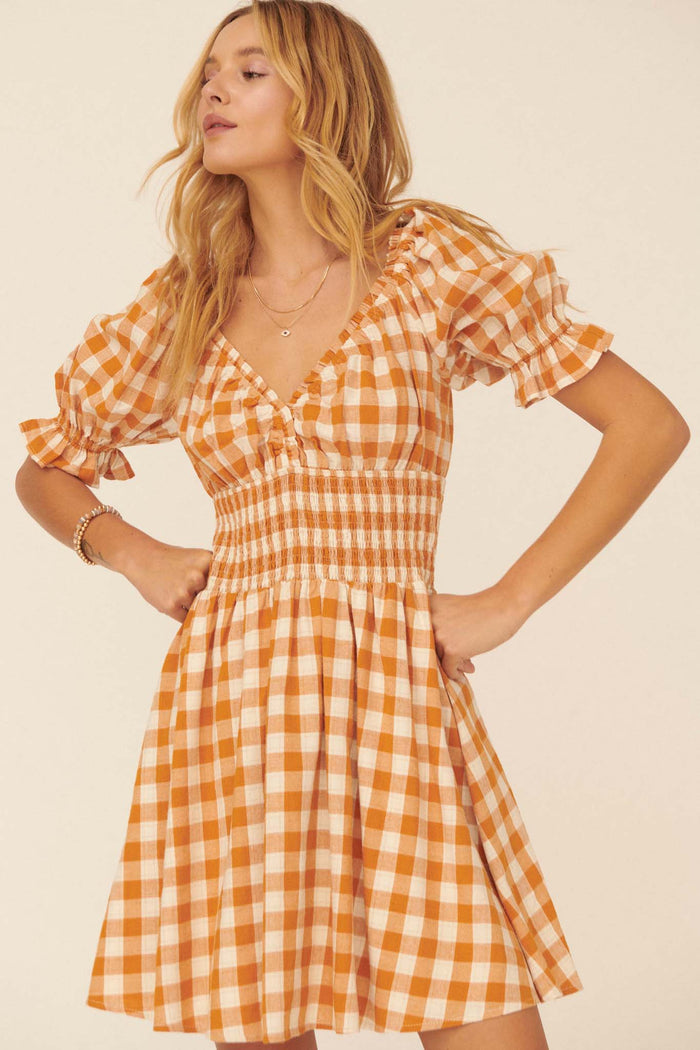 Sweet Sashay Plaid Puff-Sleeve Mini Dress - ShopPromesa