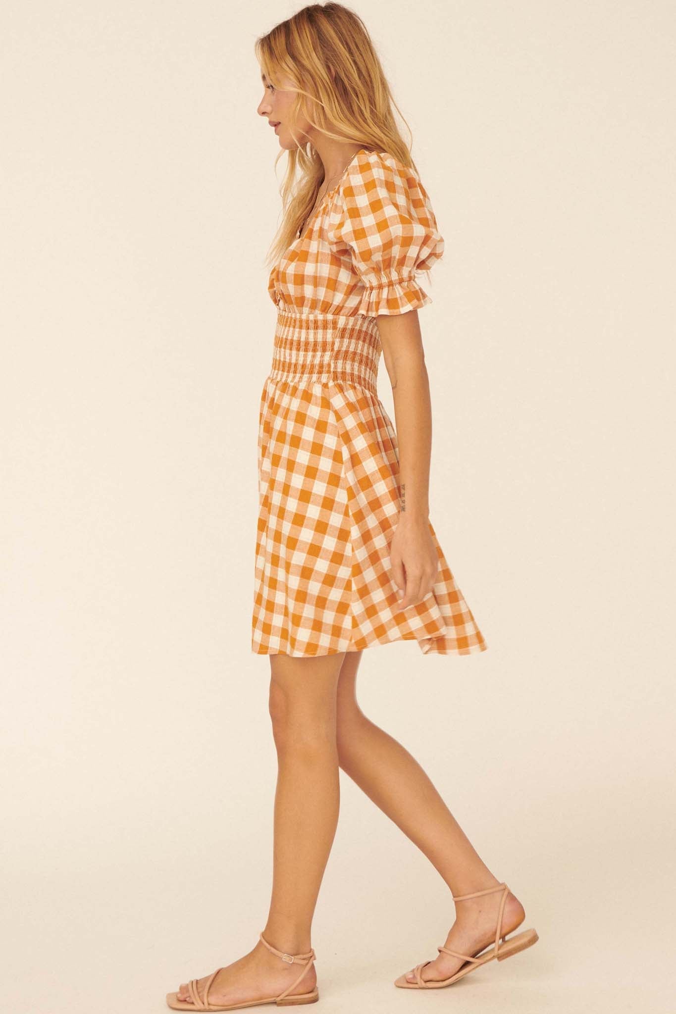 Sweet Sashay Plaid Puff-Sleeve Mini Dress - ShopPromesa