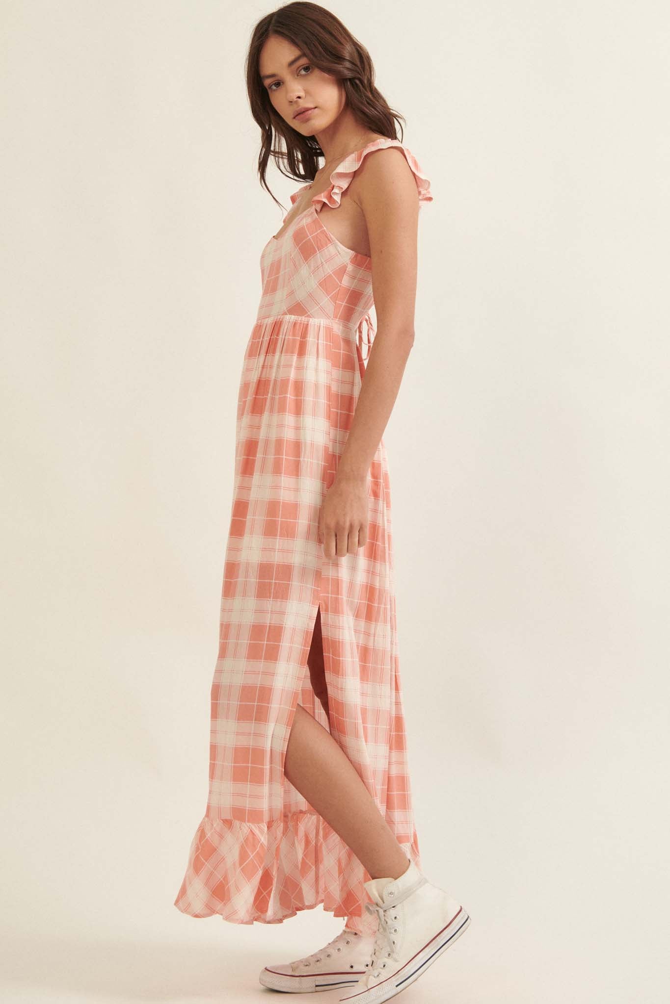 Sweet Tea Plaid Open-Back Maxi Sundress - ShopPromesa