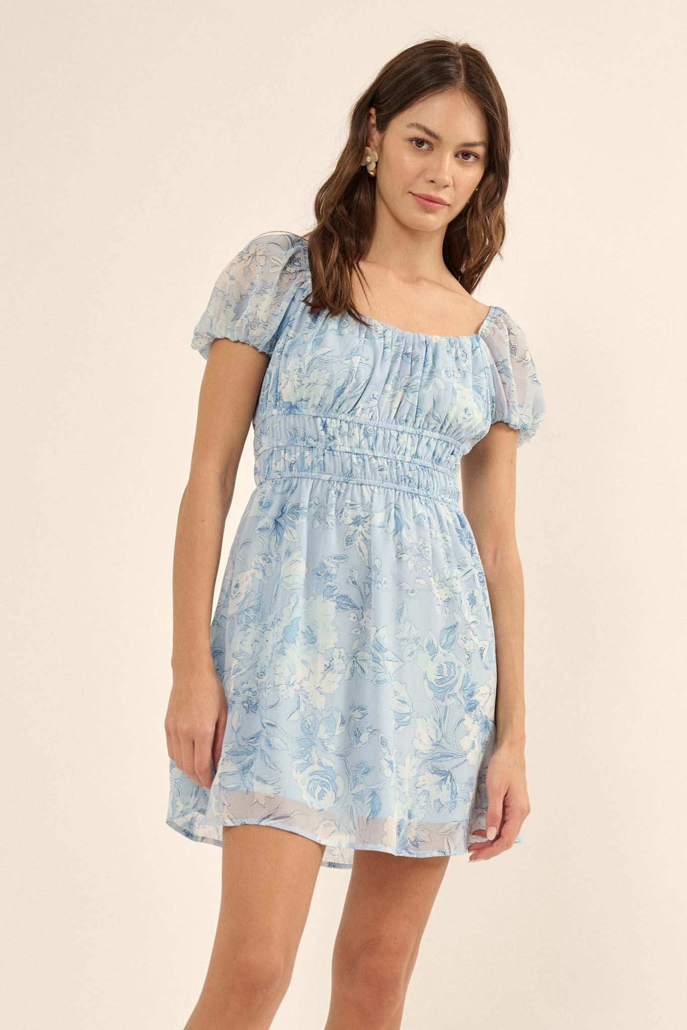 Fantasy Garden Floral Chiffon Peasant Mini Dress - ShopPromesa