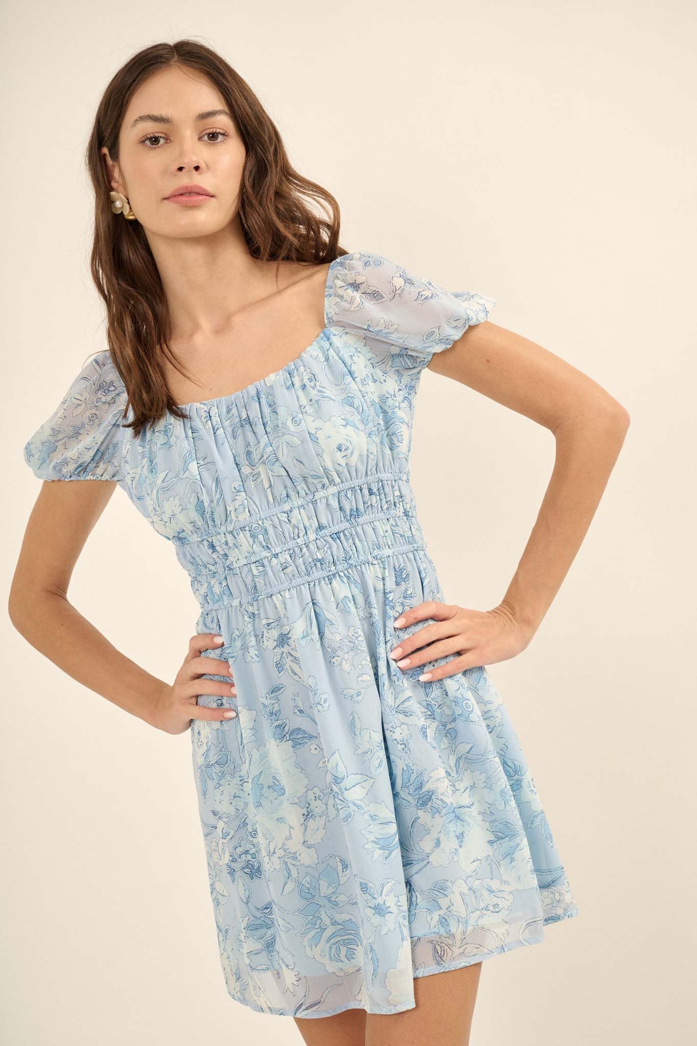 Fantasy Garden Floral Chiffon Peasant Mini Dress - ShopPromesa