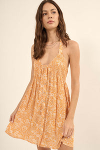 Amber Petals Smocked Floral Halter Mini Dress - ShopPromesa