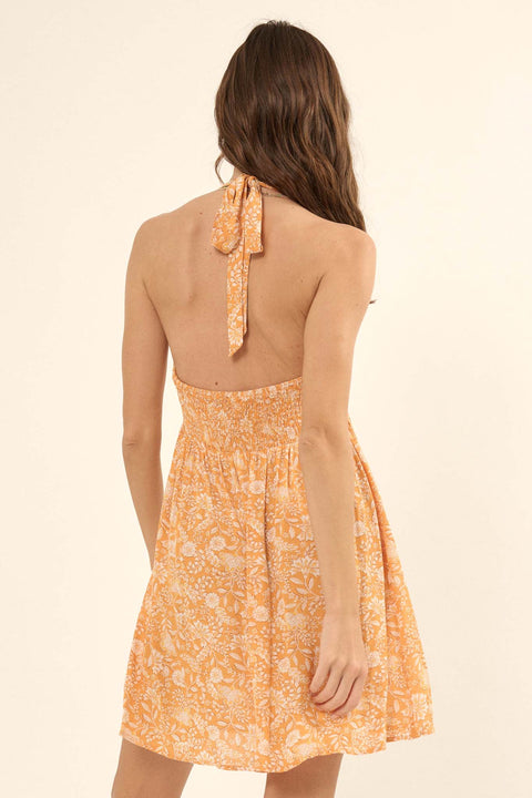 Amber Petals Smocked Floral Halter Mini Dress - ShopPromesa