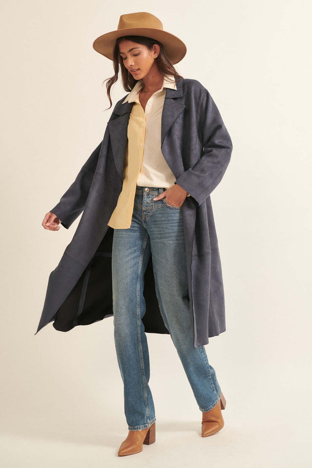 Foreign Affair Vegan Suede Belted Trench Coat - ShopPromesa