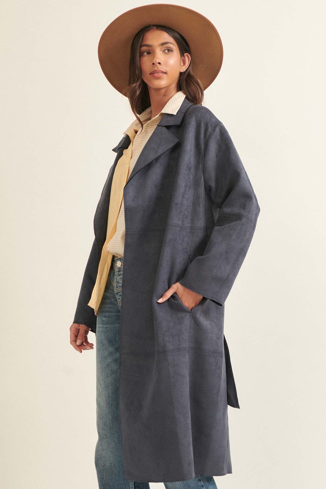 Foreign Affair Vegan Suede Belted Trench Coat - ShopPromesa