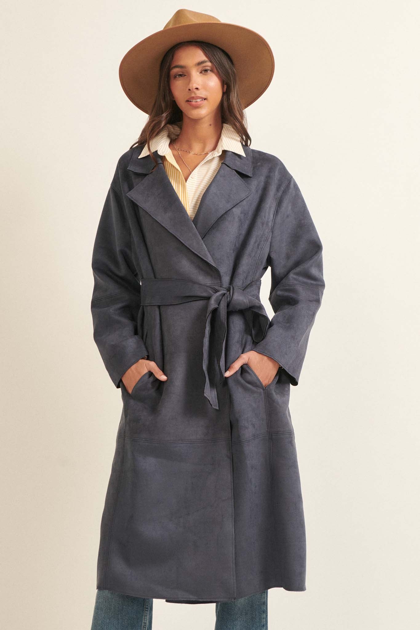 Foreign Affair Vegan Suede Belted Trench Coat - ShopPromesa