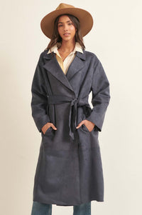 Foreign Affair Vegan Suede Belted Trench Coat - ShopPromesa