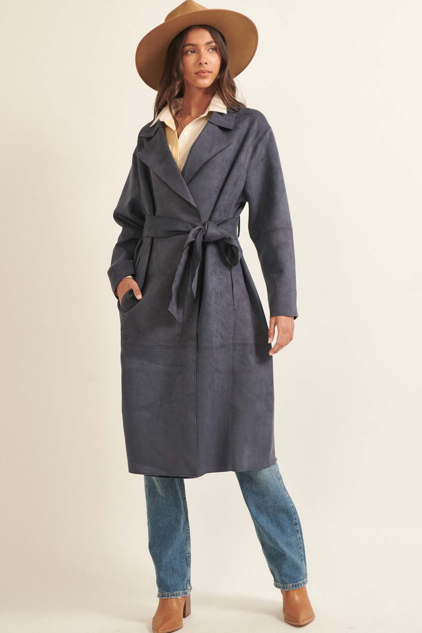 Foreign Affair Vegan Suede Belted Trench Coat - ShopPromesa