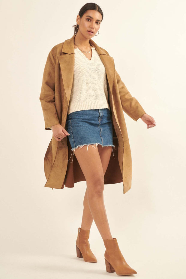 Foreign Affair Vegan Suede Belted Trench Coat - ShopPromesa