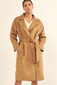 Foreign Affair Vegan Suede Belted Trench Coat - ShopPromesa