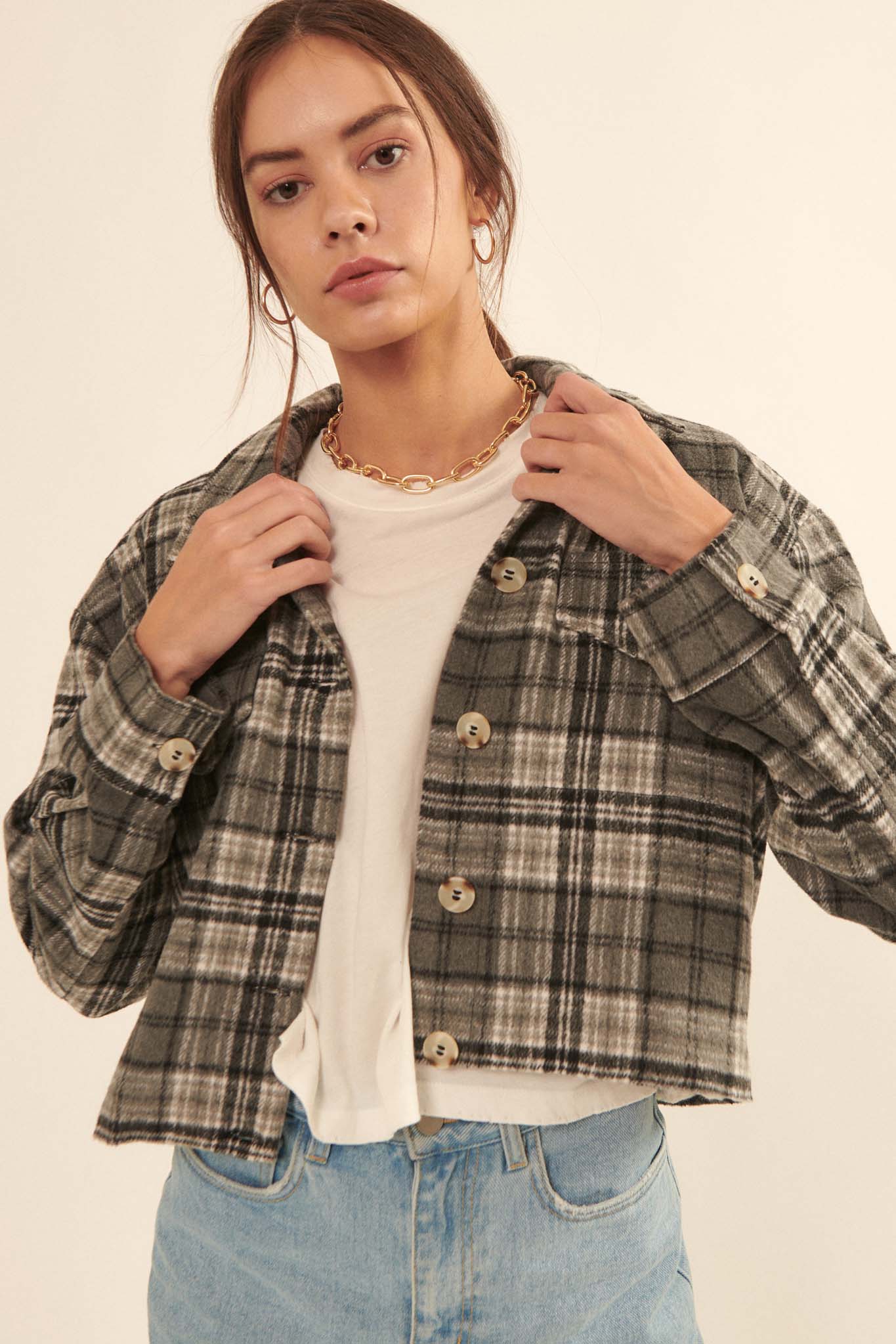 Finding Home Cropped Plaid Shirt Jacket - ShopPromesa