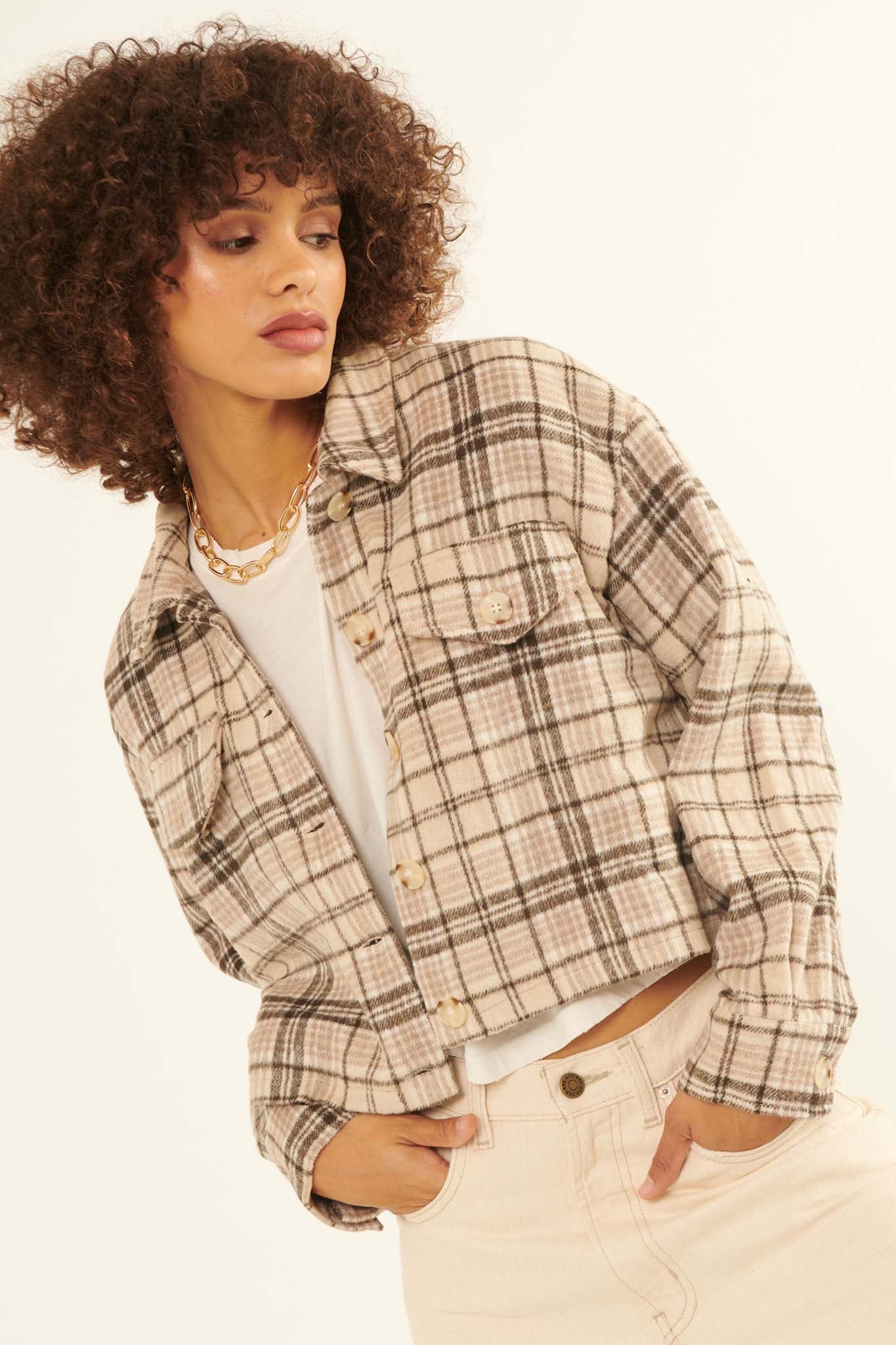 Finding Home Cropped Plaid Shirt Jacket - ShopPromesa